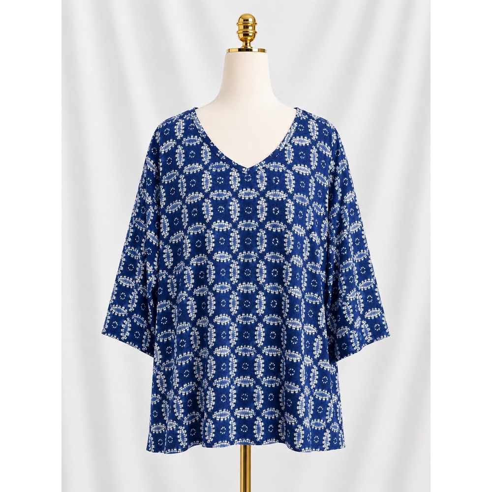 Isaac Mizrahi Live! True Denim V-Neck 3/4 Sleeve Printed Top 3X Blue Stretch